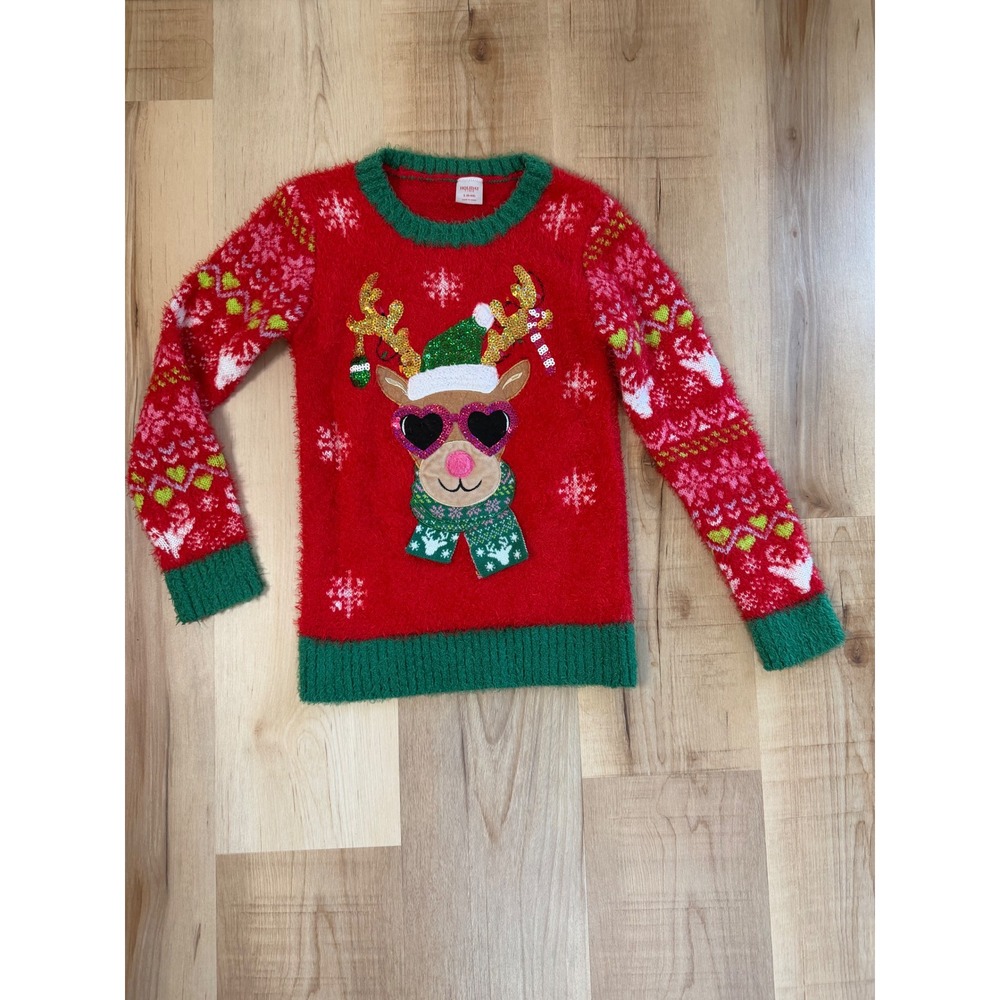 Holiday Time Girls Red Eyelash Knit Reindeer Christmas Sweater Size S 6-6X